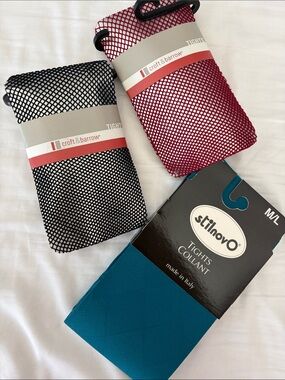 Tights Trio, Black and Red Fishnets, teal diamond print